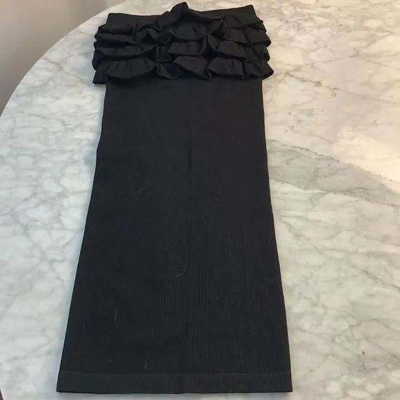 Product image for Bebe Black Ruffle Strapless Body Contouring Stretchy Midi Dress PS