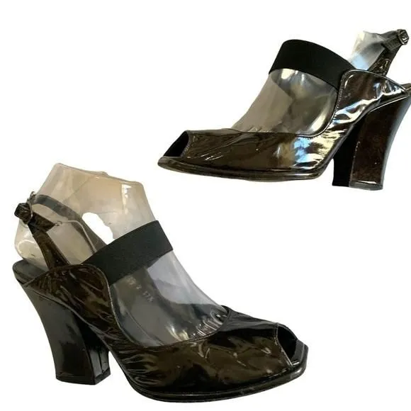 Product image for AUDLEY London black patten leather open toe wedge 35.”heels SZ 37.5