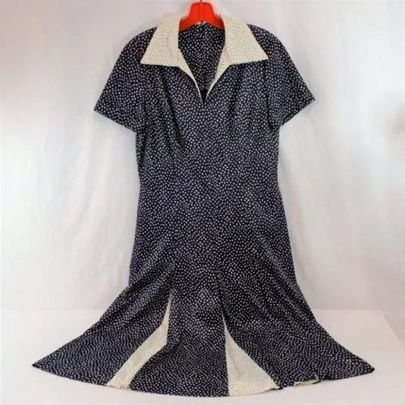 Product image for Vintage Blue White Polka Dot Shift Dress with Collar  and Short Sleeves