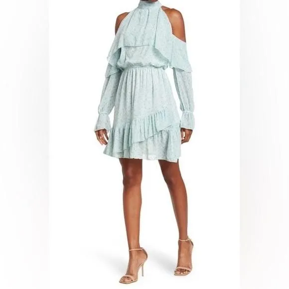Product image for The Fashion Poet Clip Dot Cold Shoulder Ruffle Long Sleeve Dress
