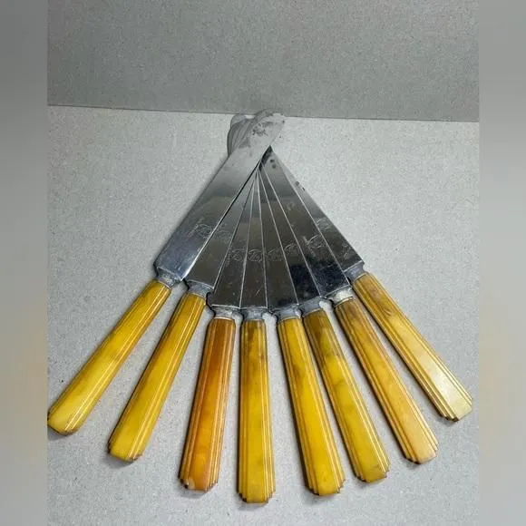 Product image for Art Deco Yellow Bakelite Butter Knife Set Of 8 1 Has Small Chip Needs Polish