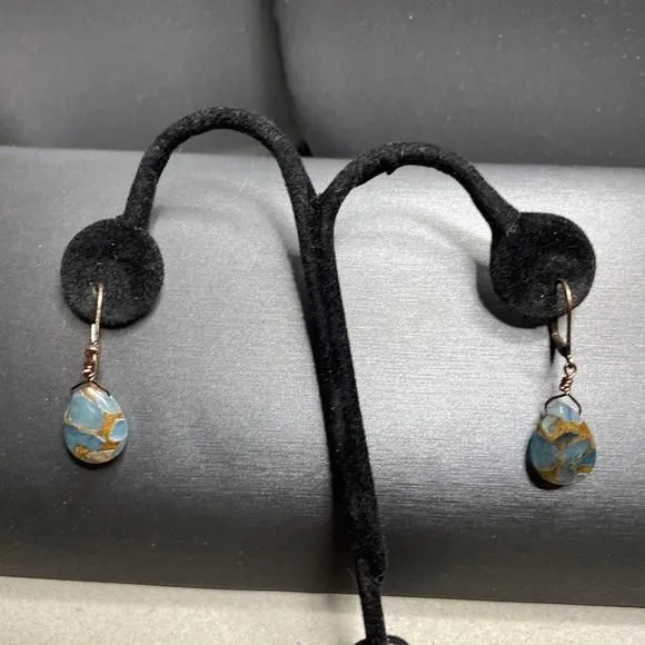 Product image for Mosaic Agate Mohave Blue Copper Teardrop Dangle Earrings 1.5” gorgeous stone.