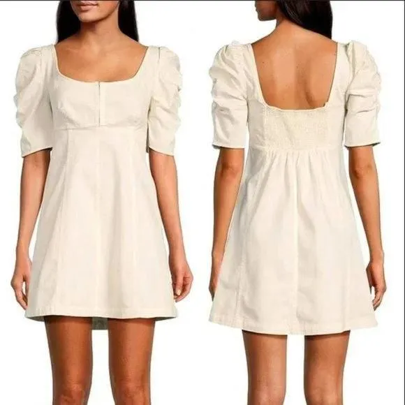 Product image for Free People Cheyenne Smocked Short Puff Sleeve Denim Mini Dress Size Large