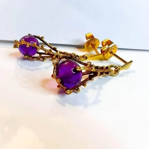 Product image for 14k Yellow Gold Brutalist Amethyst Dangle Earrings Antique c1920 Franz Breuning