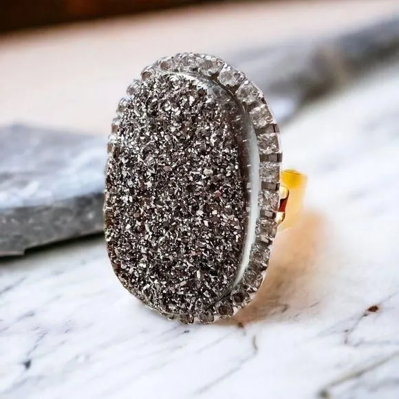 Product image for 14k Yellow Gold Drusy Quartz Ring Size 7.25 Vintage Geode Vicenza Ring 7.1g