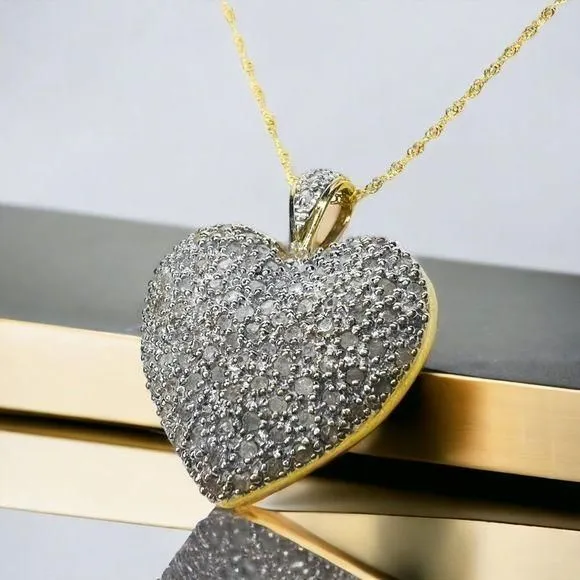 Product image for 10k Yellow Gold Pave Diamond Necklace 20" 1ct Romantic Heart Pendant Estate 3.6g