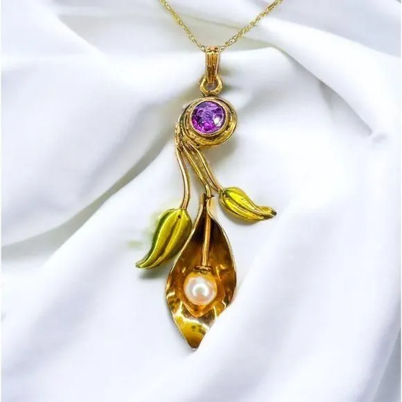 Product image for Antique Art Nouveau 10k Gold Calla Lily Flower Pearl Amethyst Necklace 18" 2.7g