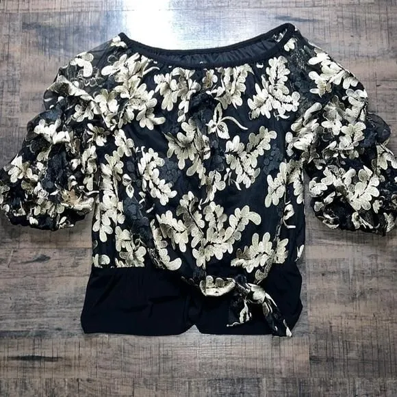Product image for prelude blouse women's XL black gold sheer floral lace puff sleeve tie waist
