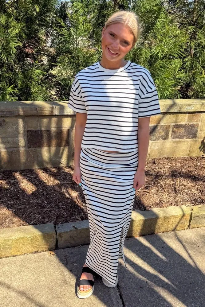 Striped Knit Top And Skirt Set-White/Black