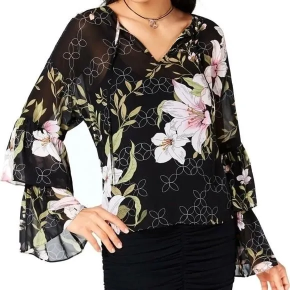 Product image for GUESS Black Serasota Ruffle Floral Sheer Top size XS