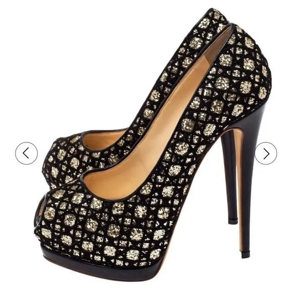 Product image for Giuseppe Zanotti Black Sharon Glitter And Lace Peep Toe Platform Pumps Size 37