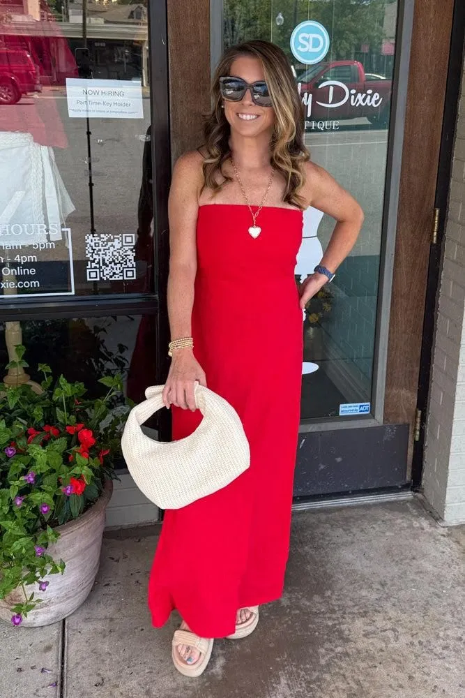 Linen Strapless Maxi Dress-Red