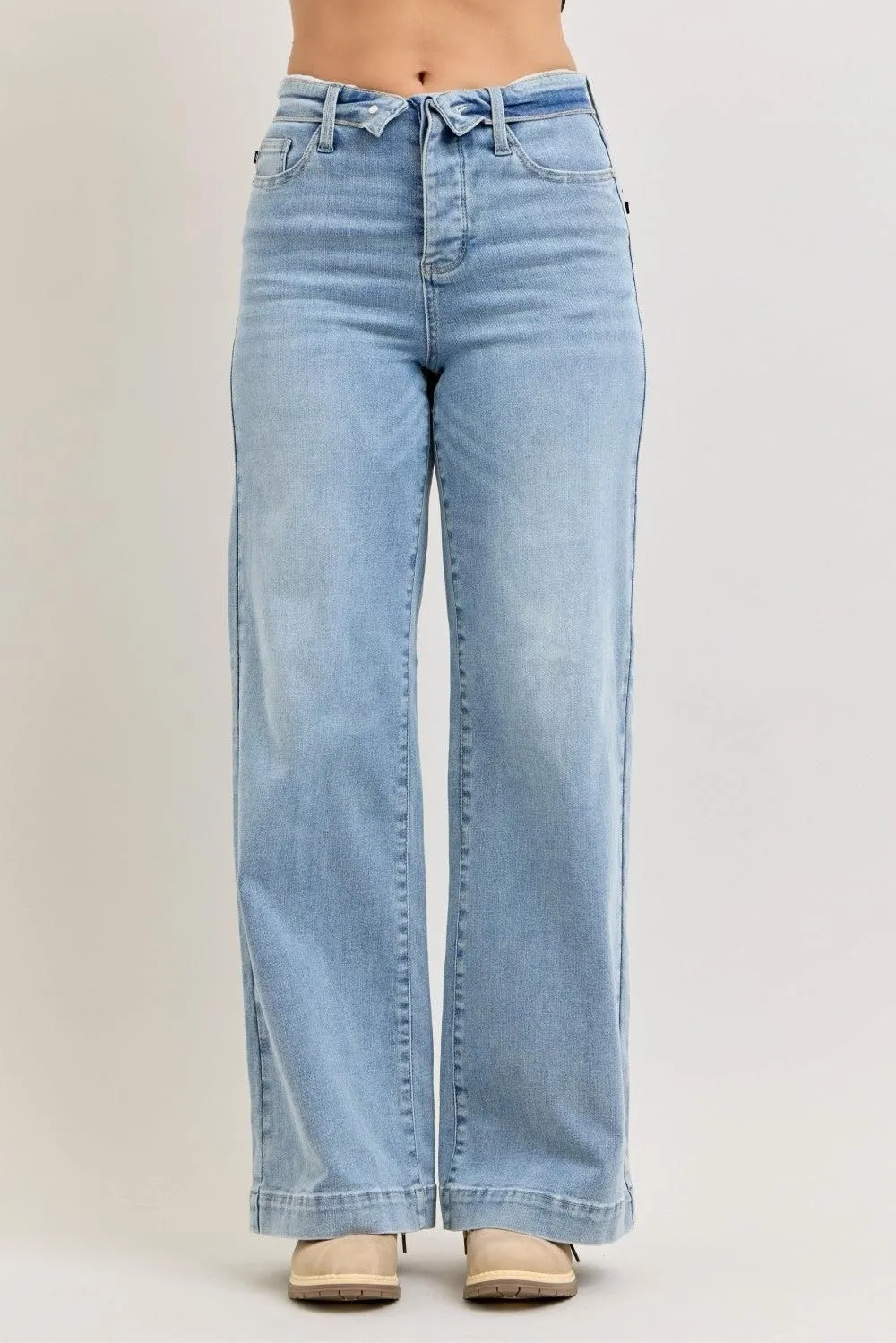 799 Judy Blue Mid Rise Retro Wide Leg Jeans with Fold-over Waistband