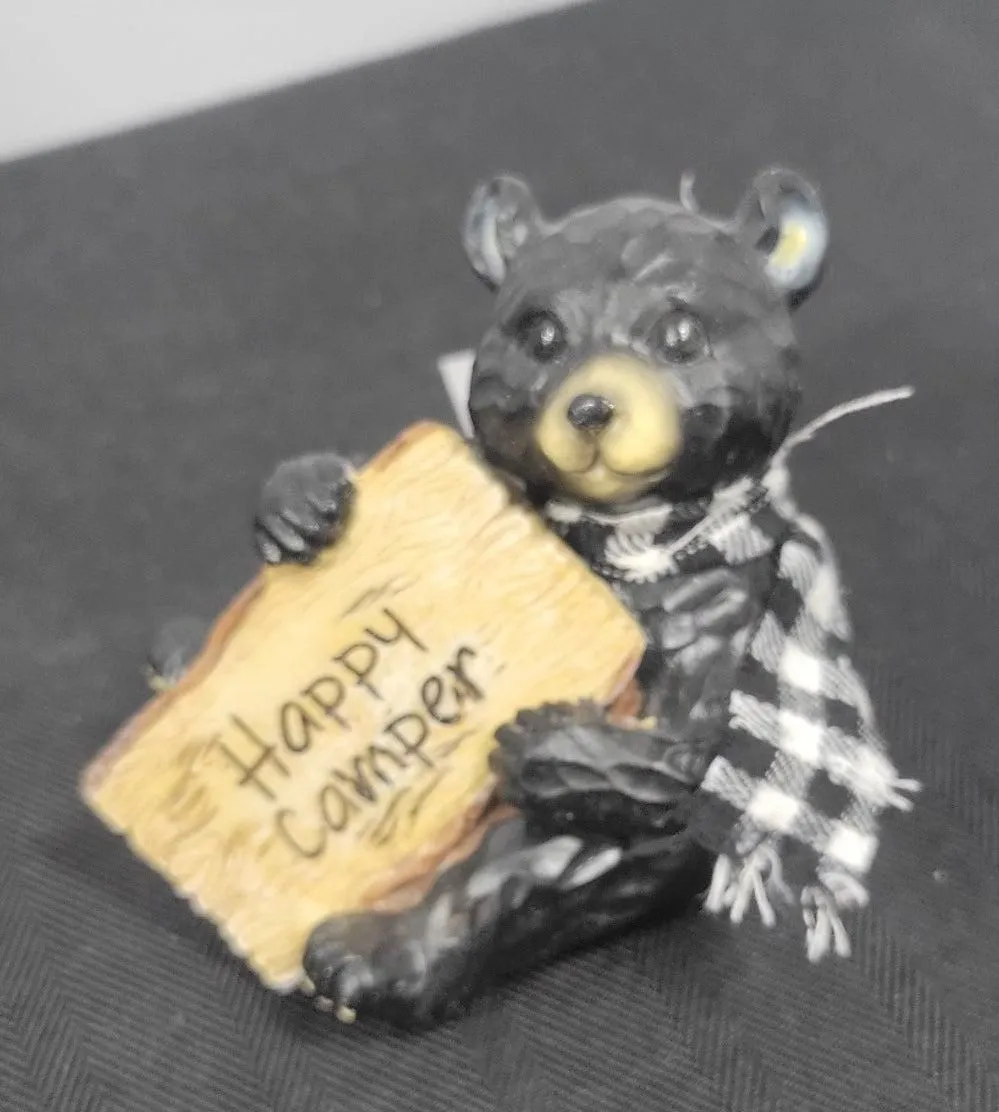 4" Black Bear figurine with sign" Happy Camper"