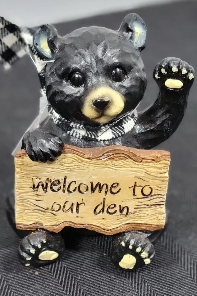4" Black Bear figurine with sign" Welcome to our Den"