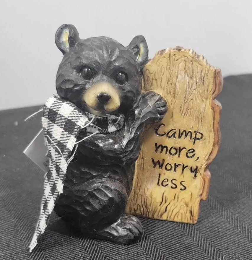 4" Black Bear figurine with sign" Camp More Worry Less"