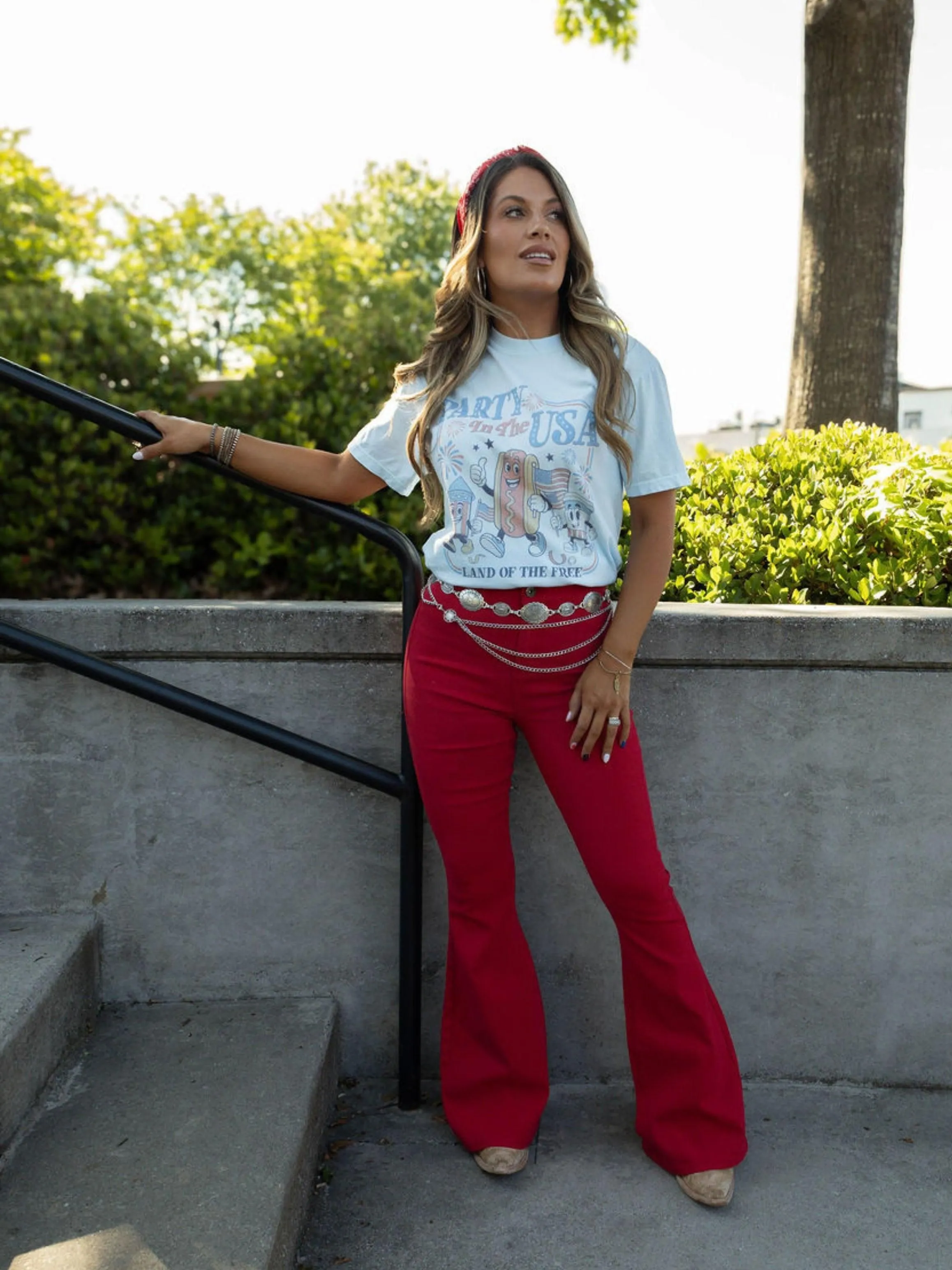 Fiona High Waisted Bell Bottom Flare Jeans - Red