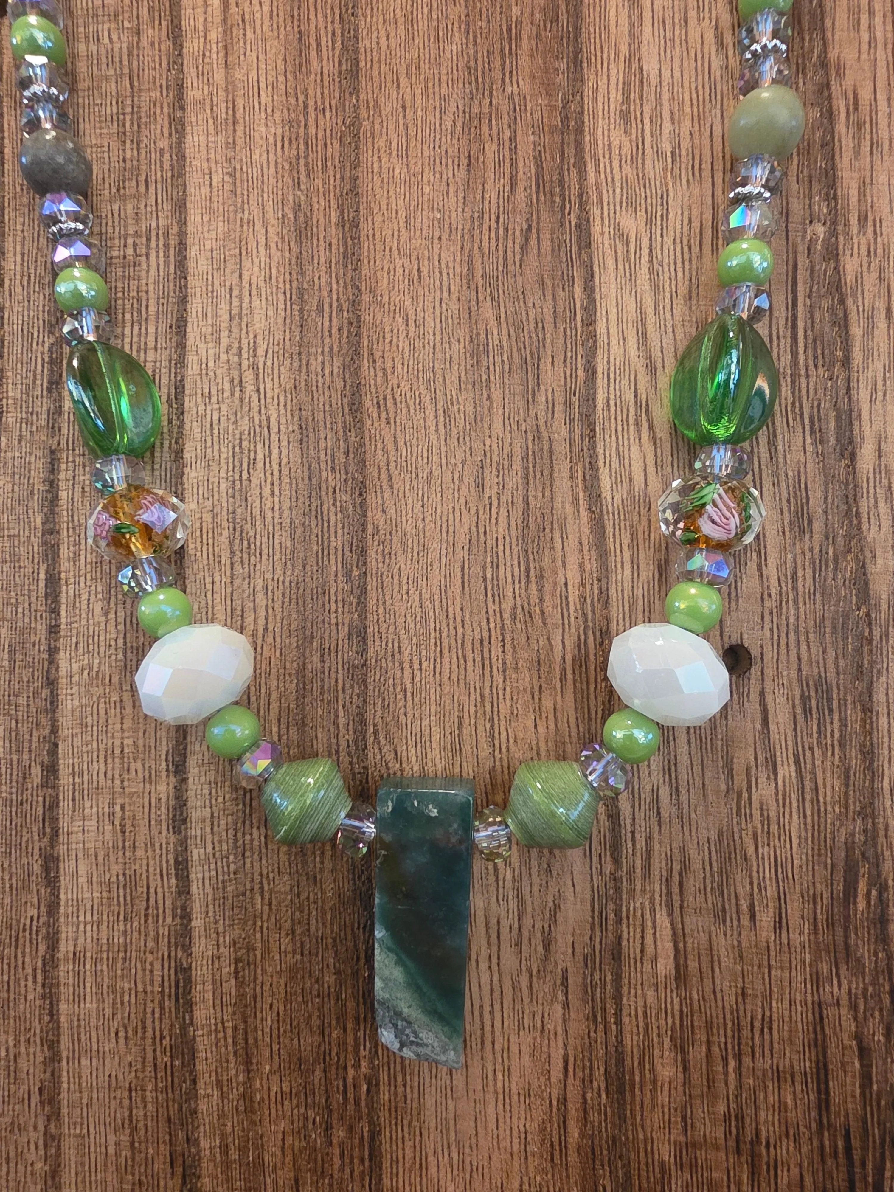 Moss Agate Slab Necklace Chinese Lampwork Roses & Jasper 21"