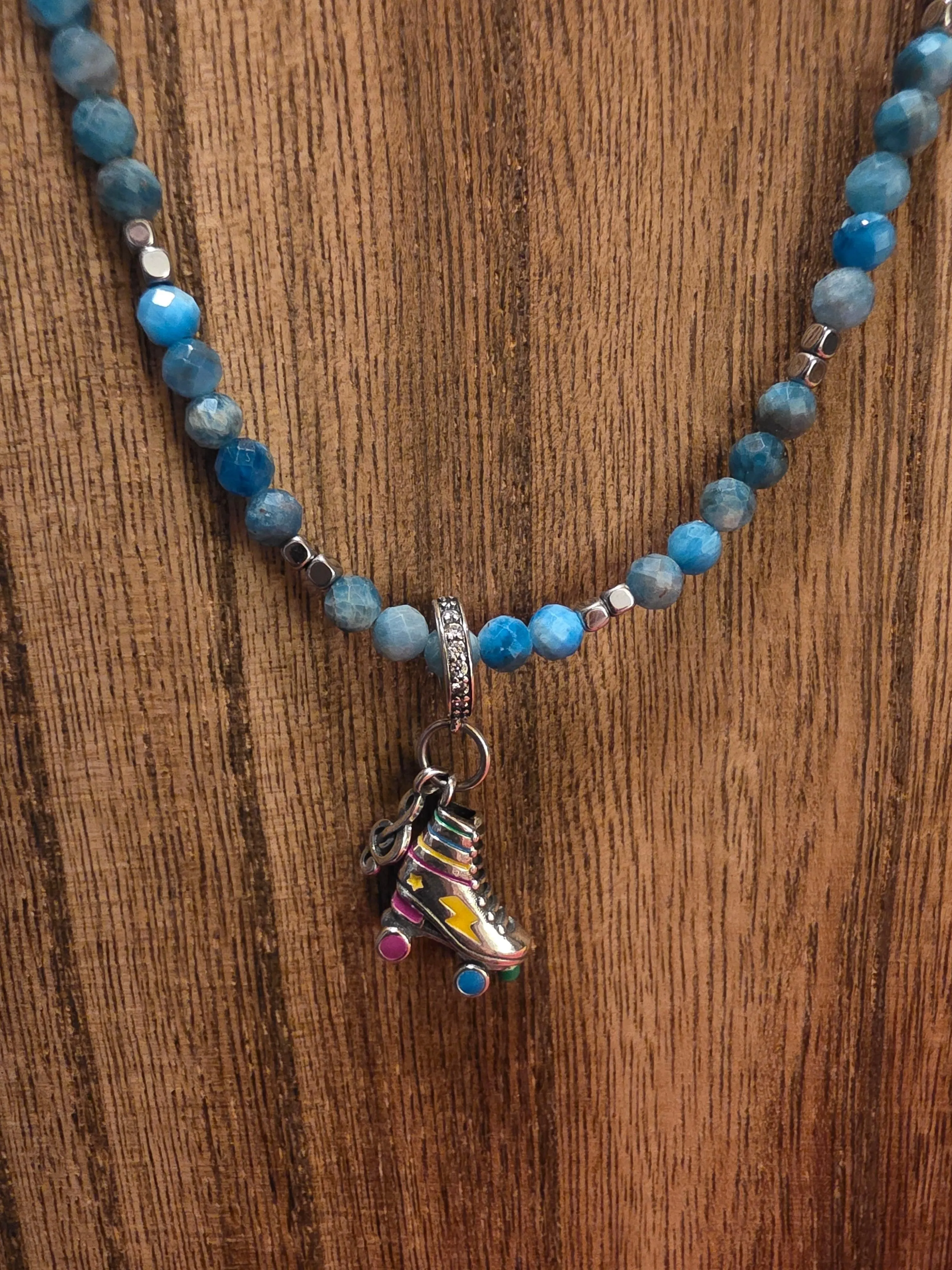Handmade Azurite Beaded Necklace 19" Retro Roller Skate Charm Blue