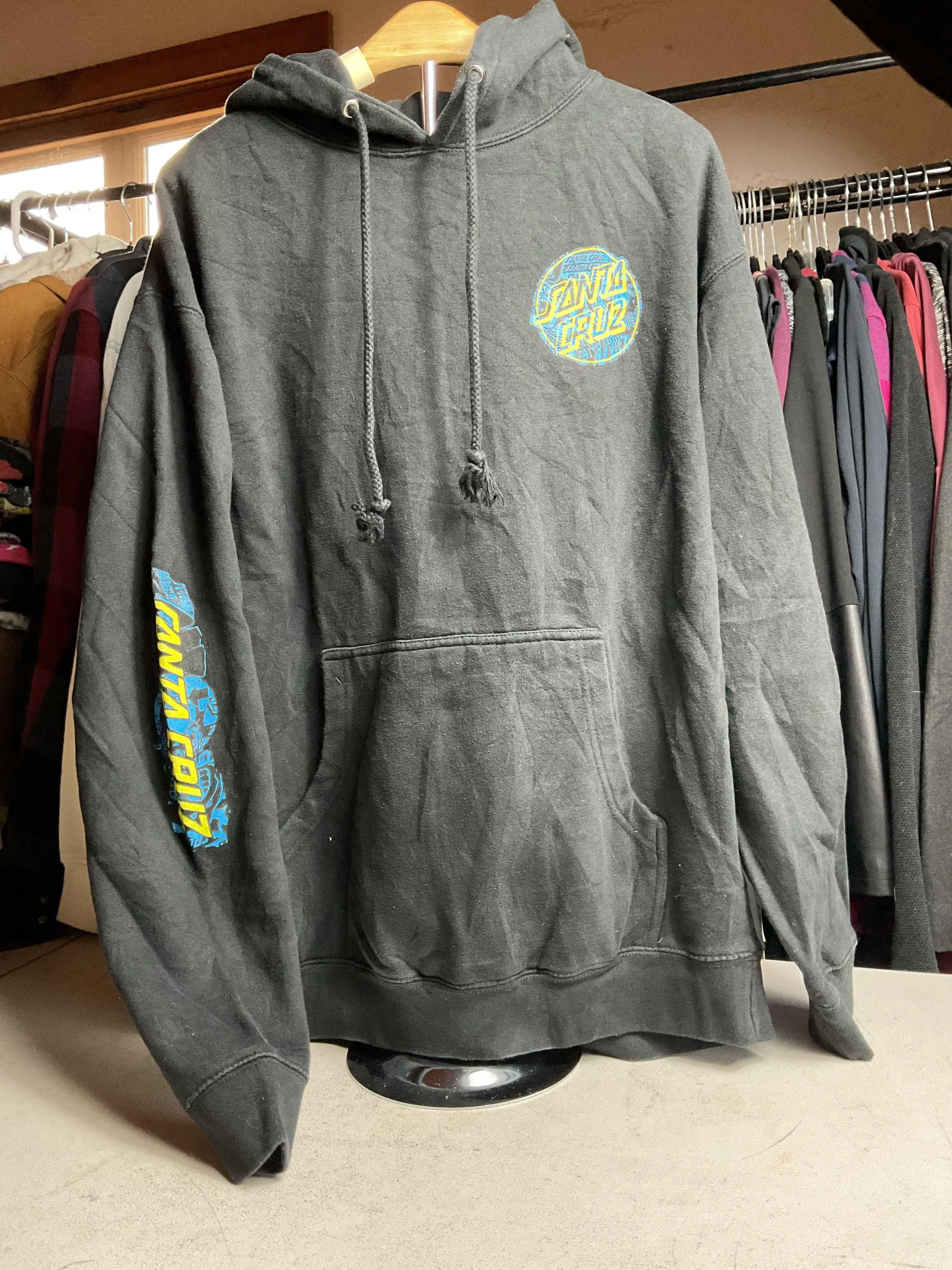 Santa Cruz Skateboards Hoodie Teal Yellow Dot Graphic Black Large