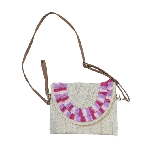 Product image for Wicker purse crossbody women's medium light tan with pink‎ purple fringe