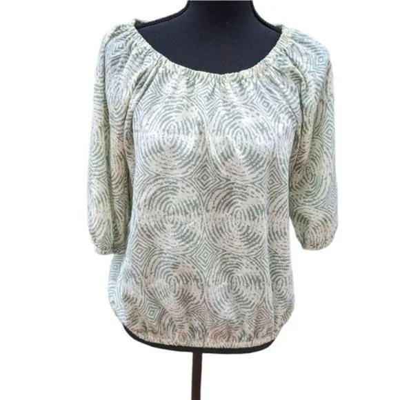 Product image for Bobeau Shirt Top Blouse Women's Small Cream and Green 3/4 Sleeve ‎ Round Neck