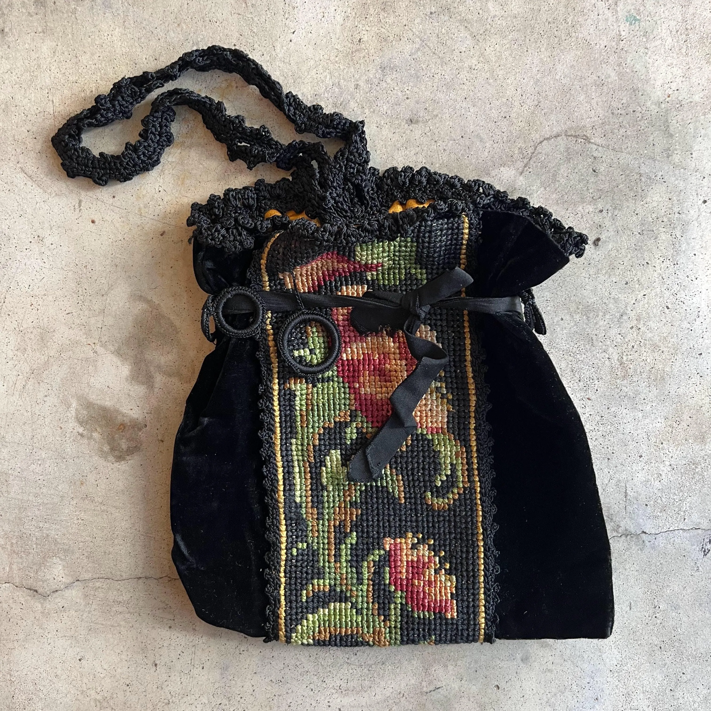c. 1920s Needlepoint Velvet + Silk Purse