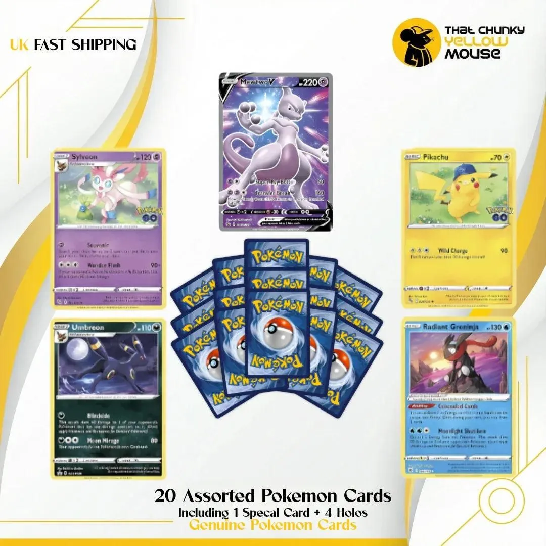 Pokemon Card Mystery Pack including Rares, Holos and V GX or VMAX Pokemon Cards + That Chunky Yellow Mouse™ Pouch (Ultimate Pokemon Cards Pack - 20 Pokémon Cards 4 Rare Cards + Special Pokémon Card