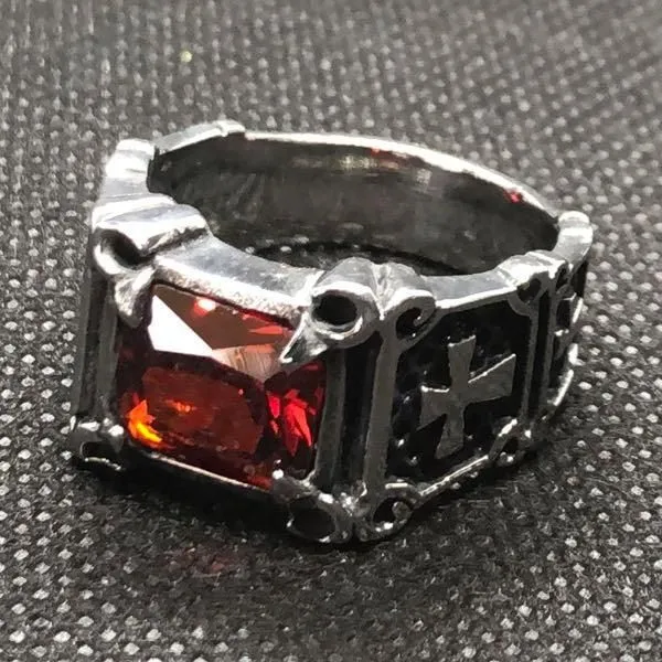 RED "Gypsy Queen" Faceted Rectangle Stainless Steel Ring with Crosses (#346RED)