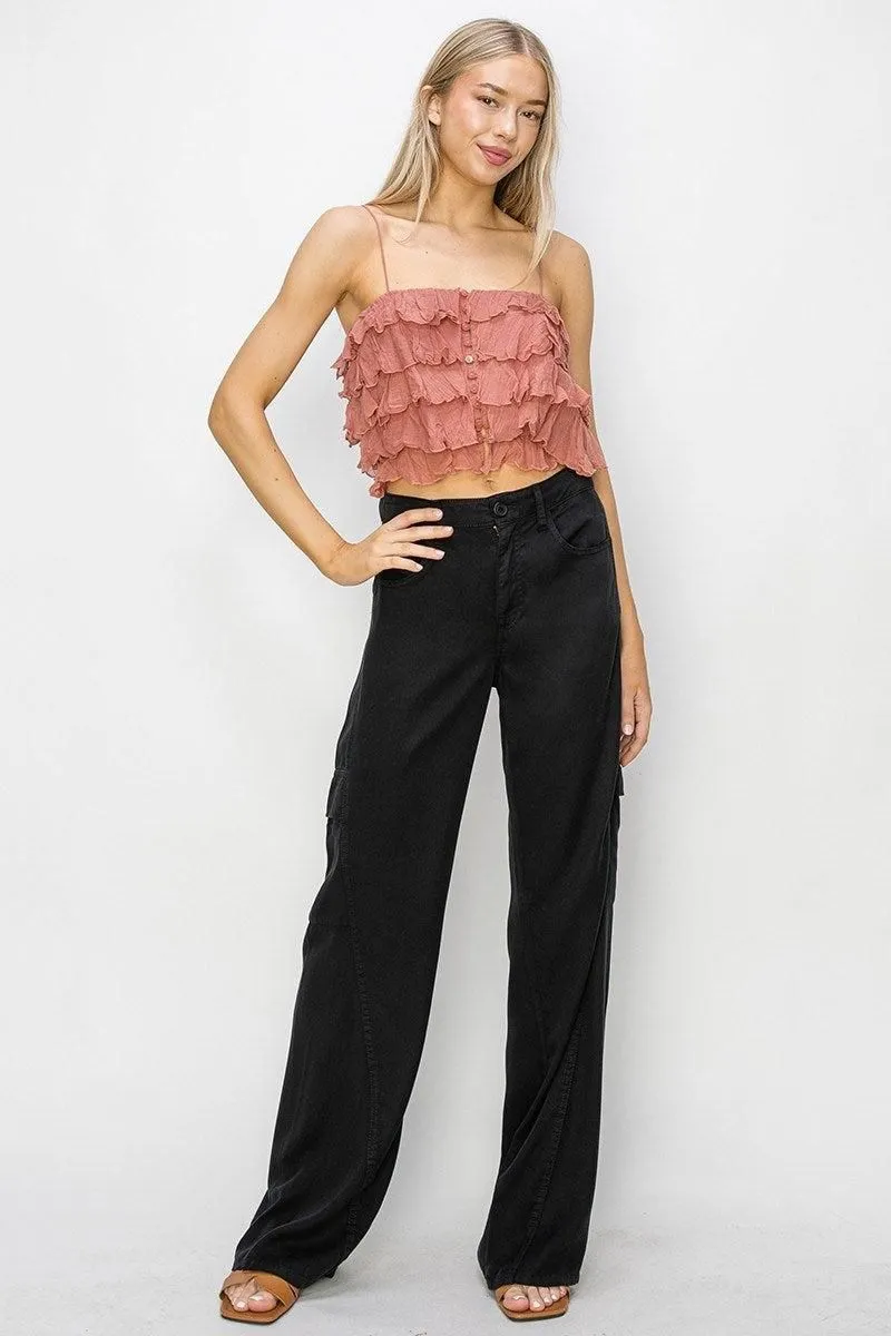 RISEN BLACK HIGH RISE WIDE CARGO TENCEL PANTS