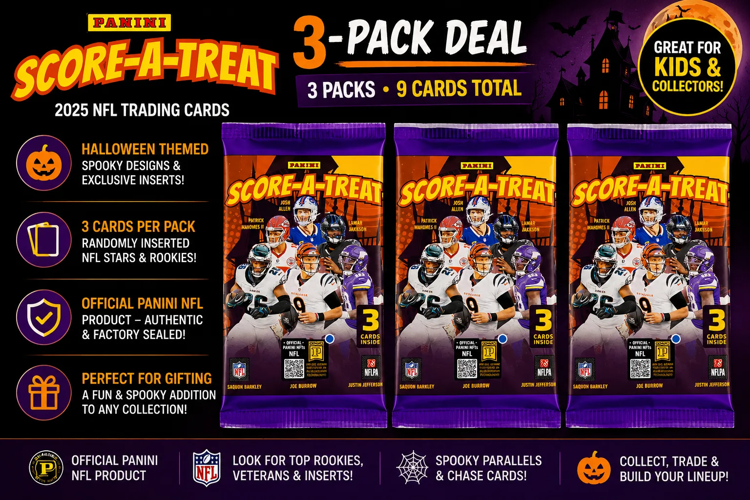 2025 Panini Score-A-Treat Football Halloween 3-Pack Deal — Factory Sealed NFL Collectible Cards