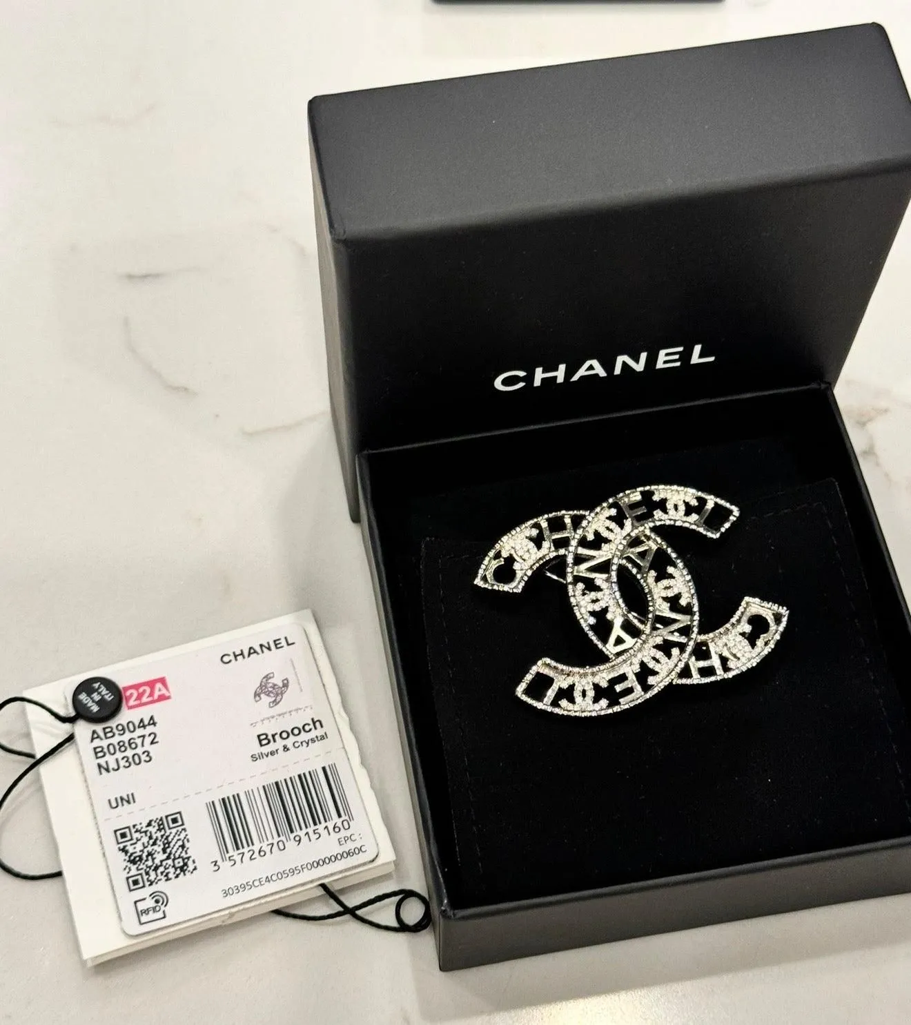 CHANEL Crystal Coco CC Logo Brooch Silver 22A
