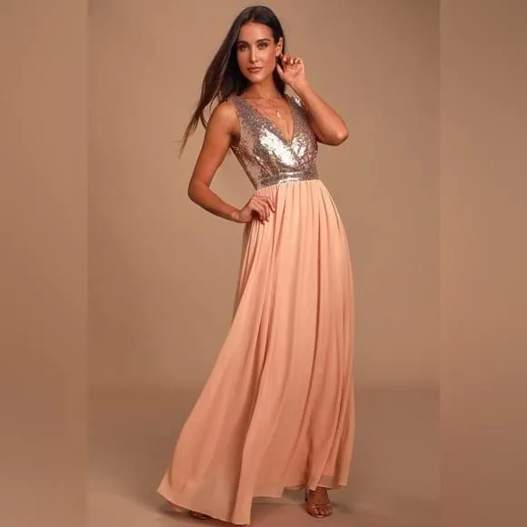 Product image for Lulus Elegant Encounter Rose Gold Sequin Maxi Dress Med