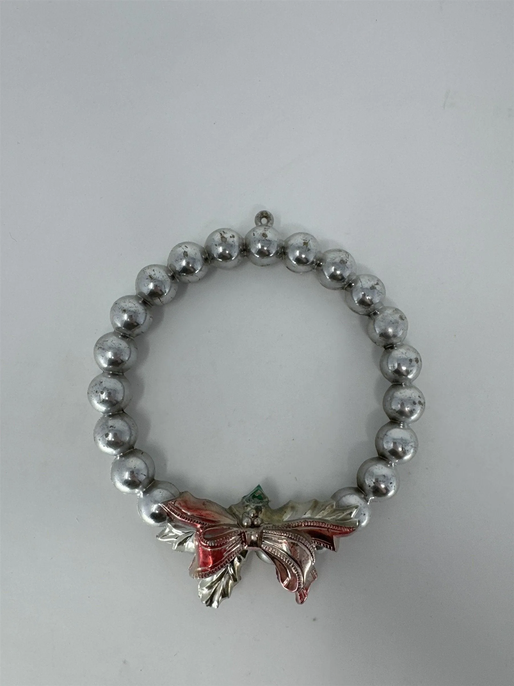 Vintage Silver Plastic Bead Wreath Ornament MCM Red Holly Bow Christmas