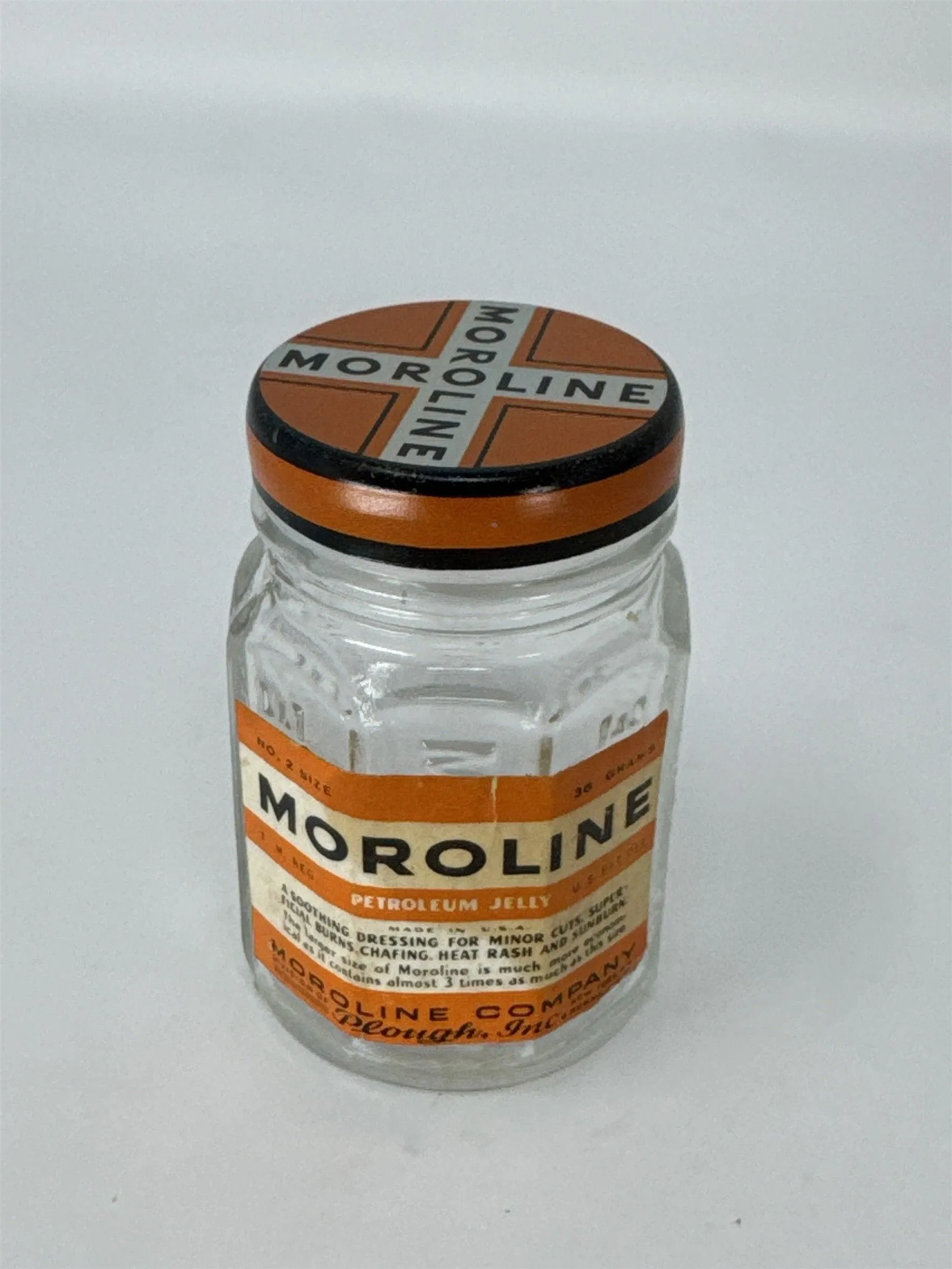 Vintage Moroline Petroleum Jelly Glass Jar Tin Lid Plough Inc Advertising Glass