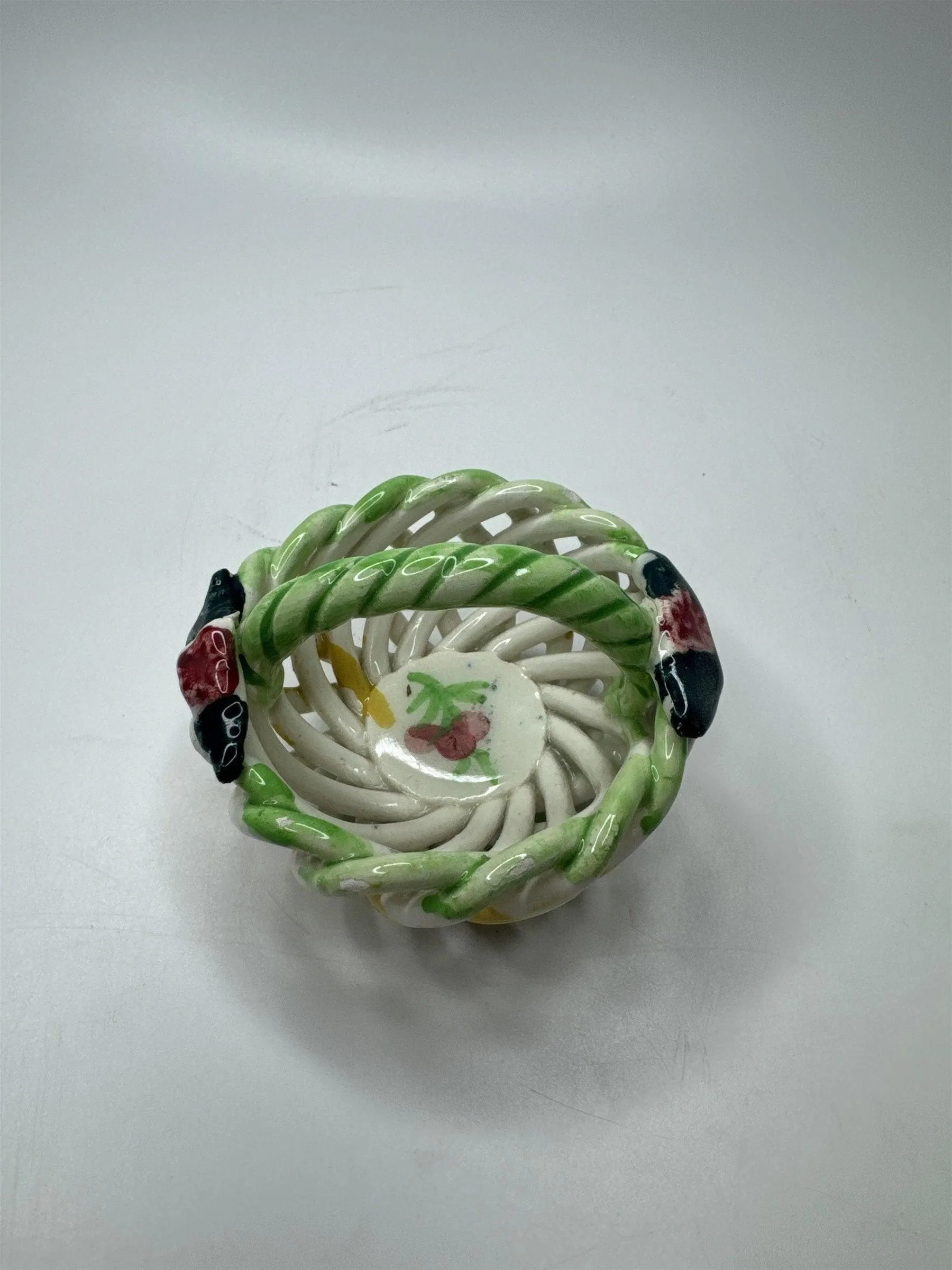 Handpainted Made in Spain Ceramic Woven Clay Basket Birds Flowers Cherries