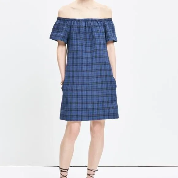 Product image for Madewell Women's Blue Plaid Off-the-shoulder Dress sz 2