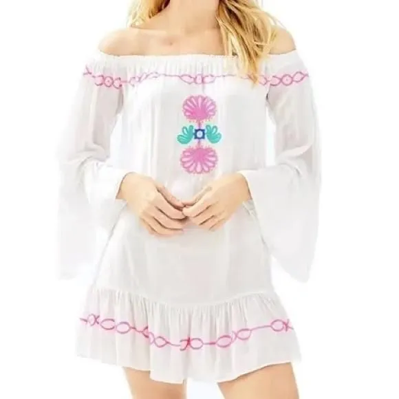 Product image for Lilly Pulitzer Nemi Coverup In Resort White With Pink flower size small