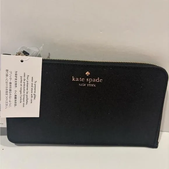 Product image for Kate Spade NWT Lucy Glitter Medium L-Zip Wristlet Color Black