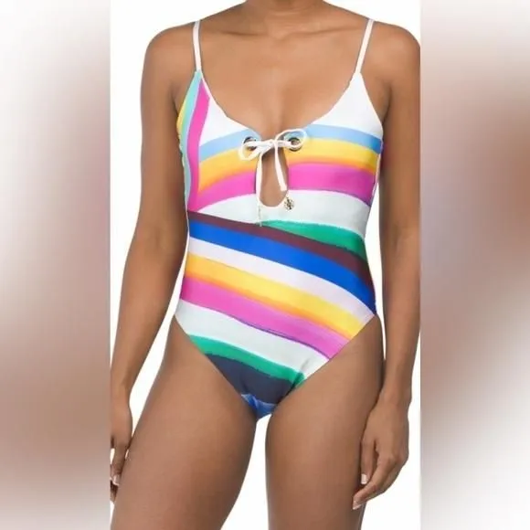Product image for SUNSHINE 79  Rainbow Plunging V - Neck Mai One Piece Swimsuit Size 14