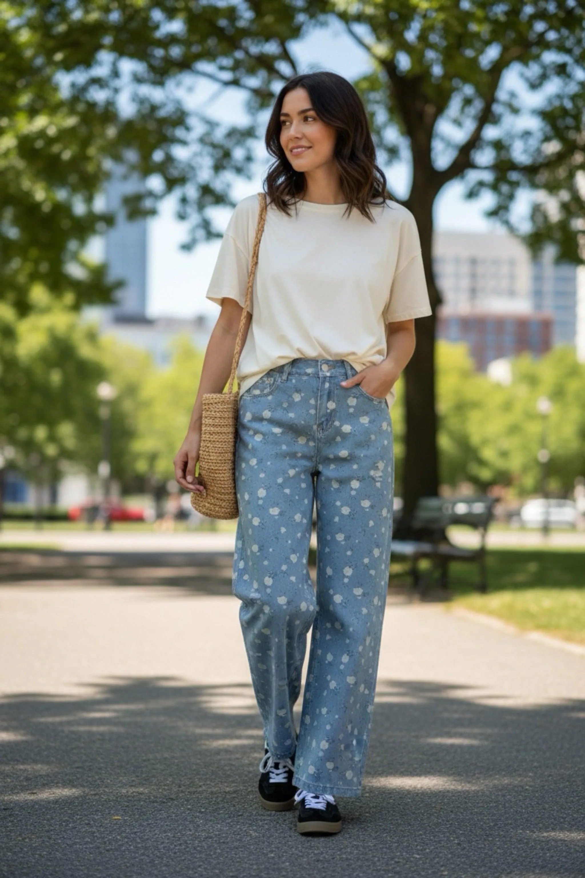 698 FLORAL PRINT HIGH-WAISTED WIDE-LEG DENIM PANTS SM-3XL