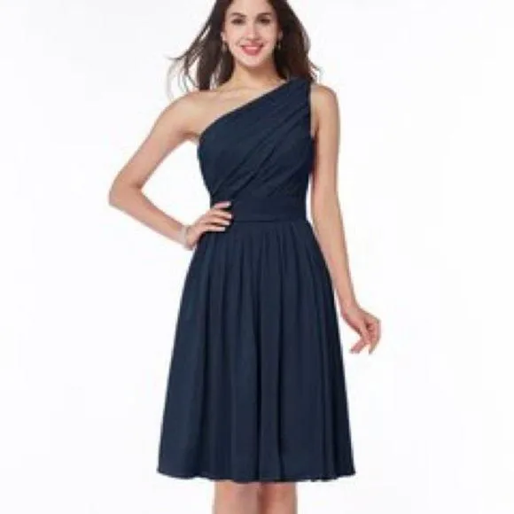 Product image for Navy Ruched, One Shoulder, Chiffon Dress