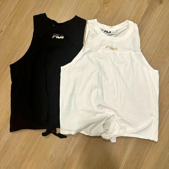 Product image for 2 Pack Fila Woman’s tank w.  front ties - black and white w. gold logo - Size xl
