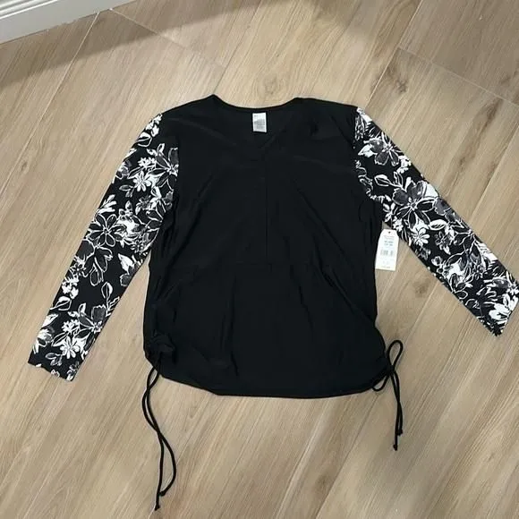 Product image for NWT Time and Tru Missy Swim Shirt black w. floral sleeve- Size XL 16/18