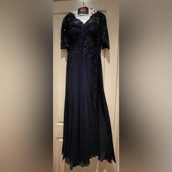 Product image for Rickie Freeman for Teri Jon. Navy Evening Gown with Beading and Train