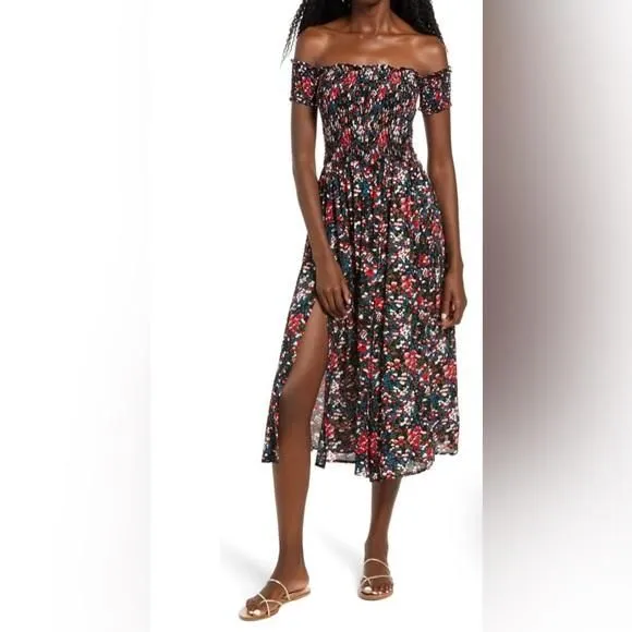 Product image for Lulus Meadow Off the Shoulder Dress- Size Large - White and Pink