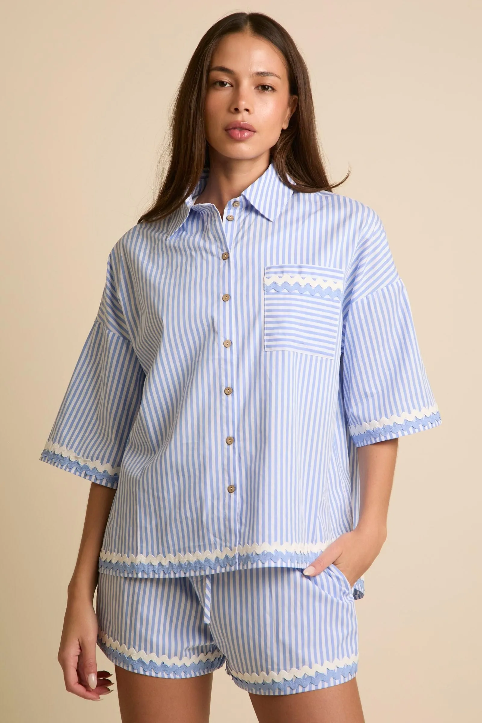 Blue Long Sleeve Top & Shorts Set