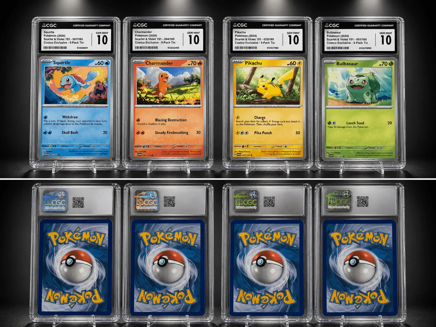 Pikachu Charmander Squirtle Bulbasaur Starter Set — Pokémon 151 Cosmos Reverse Holo — CGC 10 Gem Mint