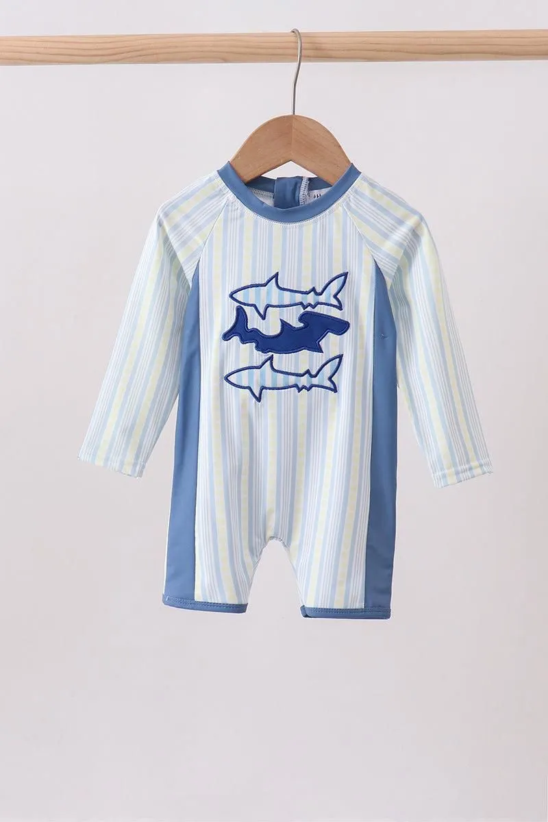 Blue Shark Applique Stripe Swimsuit