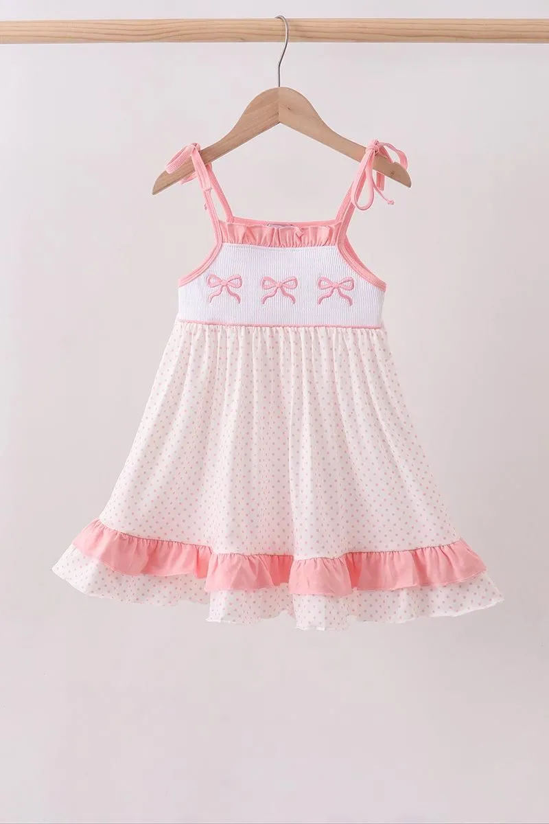 Pink Bow Smocked Dot Ruffle Dress